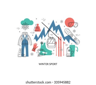 Thin line flat design of winter sport, ski,snowbord. Vector illustration concept, isolated on white 