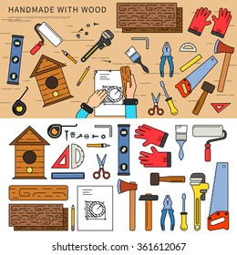 Thin line flat design of the wood handmade tools. Equipment for handmaking wooden articles in the studio, wooden boards, hammer, saw, axe, gloves isolated on white background