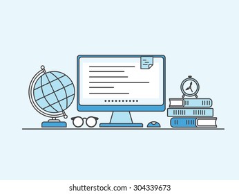 Thin line flat design workplace designer , freelancer , traveler , teachers, student. Modern vector illustration concept.