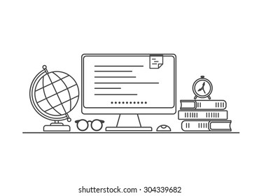 Thin line flat design workplace designer , freelancer , traveler , teachers, student. Modern vector illustration concept.