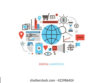 Thin Line Flat Design Of Worldwide Services Of Digital Marketing Technology, New Market Trends Analysis, Search Optimization Planning. Modern Vector Illustration Concept, Isolated On White Background.