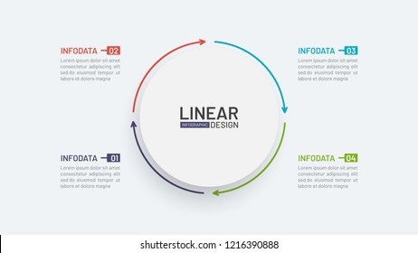 Dünne Linien flaches Element für Infografik. Geschäftskonzept mit 4 Schritten, Optionen, Pfeil, Kreis-Hauptgedanke. Vektorgrafik. Kann für Diagramm, Diagramm, Diagramm, Bericht, Präsentation verwendet werden.