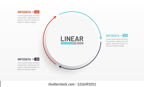 Thin Line Flat Element For Infographic. Business Concept With 3 Steps, Options, Arrow, Circle Main Idea. Vector Illustration. Can Be Used For Diagram, Graph, Chart, Report, Presentation.