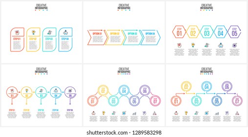 Thin line flat element for infographic. Template for diagram, graph, presentation and chart. Business concept with 4, 5, 6 and 7 options, parts, steps or processes.