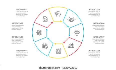 Thin line flat element for infographic. Template for diagram, graph, presentation and chart. Business concept with 8 options, parts, steps or processes. Data visualization.