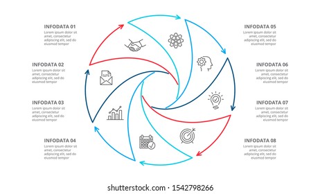 Thin line flat element for infographic. Template for diagram, graph, presentation and chart. Business concept with 8 options, parts, steps or processes.