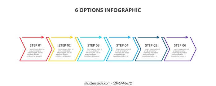Thin line flat elements with arrows for infographic. Template for timeline or process chart with 6 steps.