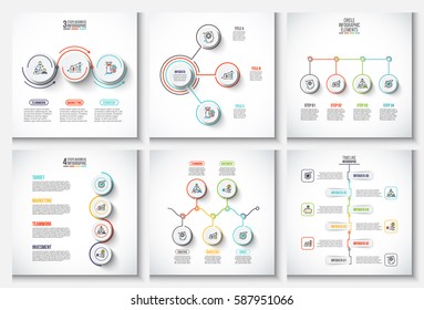 Elementos planos de linha fina com círculos para infográfico. Modelo para diagrama, gráfico, apresentação e gráfico. Conceito de negócio com 3, 4, 5 e 6 opções, peças, etapas ou processos. Visualização de dados.