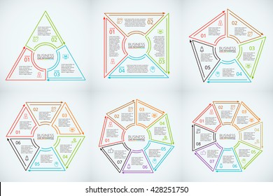 Thin line flat elements for infographic. Template for diagram, graph, presentation and chart. Business concept with 3, 4, 5, 6, 7 and 8 options, parts, steps or processes. Data visualization.