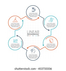 Thin line flat elements for infographic. Template for diagram, graph, presentation and chart. Business concept with 6 options, parts, steps or processes. Data visualization.