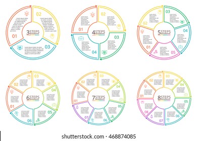 Thin line flat elements for infographic. Template for diagram, graph, presentation and chart. Business concept with 3, 4, 5, 6, 7 and 8 options, parts, steps or processes. Data visualization.