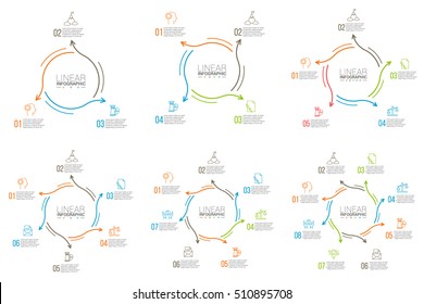 Thin line flat elements set for infographic. Template for diagram, graph, presentation and chart. Business concept with 3, 4, 5, 6, 7 and 8 options, parts, steps or processes. Stroke icons.