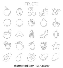 Thin line flat fresh fruits an juices  menu design vector icon set for online store, fresh an juice bar, website and application menu design.