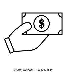 Thin line flat hand holding money icon on a white background. Royalty-free.