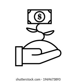 Thin line flat hand holding a plant of money icon on a white background. Royalty-free.