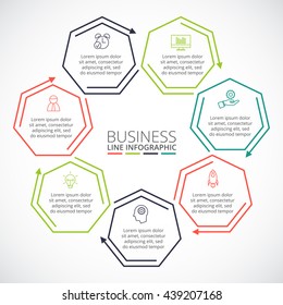 Thin line flat heptagon for infographic. Template for diagram, graph, presentation and chart. Business concept with 7 options, parts, steps or processes. Data visualization.