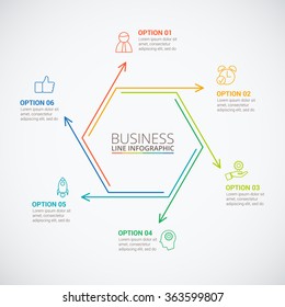 Thin line flat hexagon for infographic. Template for cycle diagram, graph, presentation and round chart. Business concept with 6 options, parts, steps or processes. Data visualization.