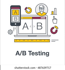 Thin line flat icon concept banner for AB testing, split comparison web design. Web marketing, analysis of web site on laptop and smartphone. Modern vector illustration