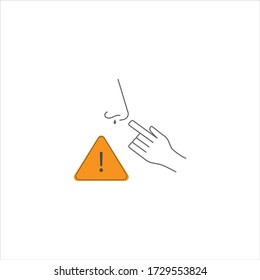 Thin line flat icon of a hand touching a nose on white background. Caution icon with exclamation. Stop spreading coronavirus. 2019-ncov protections. Avoid touching your face and nose. Health care icon
