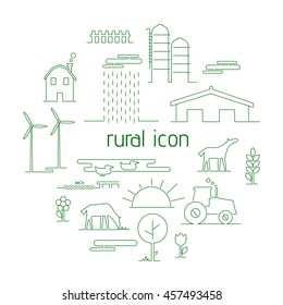 Thin line flat icon  rural landscape on white background. Outline rural icon for web design. Vector illustration