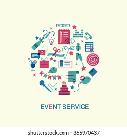 Thin line and flat icons of events and special occasions organization, catering service agency, marketing agency. Flat design graphic event marketing concept, website elements.
