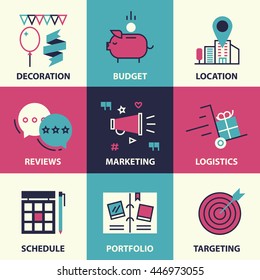 Thin line and flat icons of events. Special occasions organization, catering service business, marketing agency.
Flat design graphic event marketing concept, website elements.