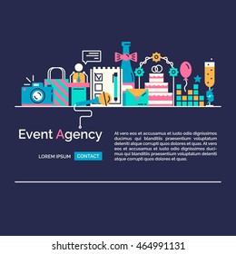 Thin line and flat icons of events and special occasions organization, catering service agency, marketing agency. Flat design graphic event marketing concept, website elements, poster, advertisement.