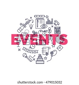 Thin line and flat icons of events and special occasions organization, catering service agency, marketing agency. Flat design graphic event marketing concept, website elements.