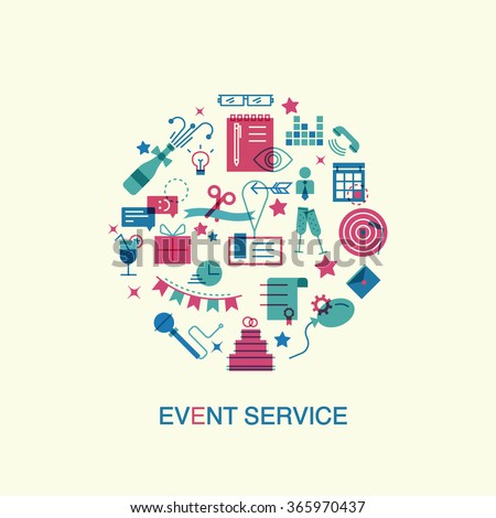 Thin line and flat icons of events and special occasions organization, catering service agency, marketing agency. Flat design graphic event marketing concept, website elements.
