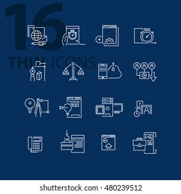 Thin line flat icons pack for web design, user interface, mobile, computer infographic and other projects. 16 monoline elements pack.