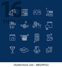 Thin line flat icons pack for web design, user interface, mobile, computer infographic and other projects. 16 monoline elements pack.