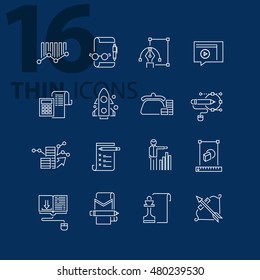 Thin line flat icons pack for web design, user interface, mobile, computer infographic and other projects. 16 monoline elements pack.