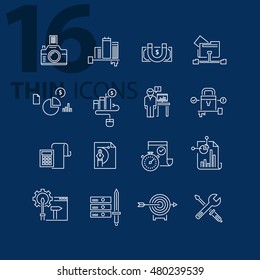 Thin line flat icons pack for web design, user interface, mobile, computer infographic and other projects. 16 monoline elements pack.