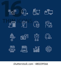 Thin line flat icons pack for web design, user interface, mobile, computer infographic and other projects. 16 monoline elements pack.
