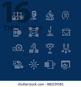 Thin line flat icons pack for web design, user interface, mobile, computer infographic and other projects. 16 monoline elements pack.