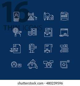 Thin line flat icons pack for web design, user interface, mobile, computer infographic and other projects. 16 monoline elements pack.