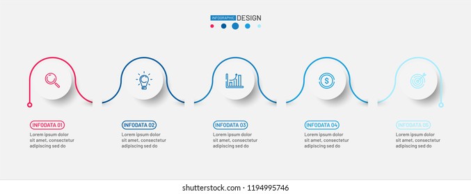 Thin line flat Infographic design element with number and marketing icons. Timeline with 5 option. Business process step. Vector illustration. Can be used for brochure, presentation, web design.