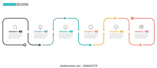 Thin line flat infographic design elements with marketing icon, arrow. Business concept with 6 steps, options. Vector illustration.