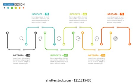 Thin line flat infographic design element and marketing icons. Timeline with 6 steps, options, processes. Vector illustration.