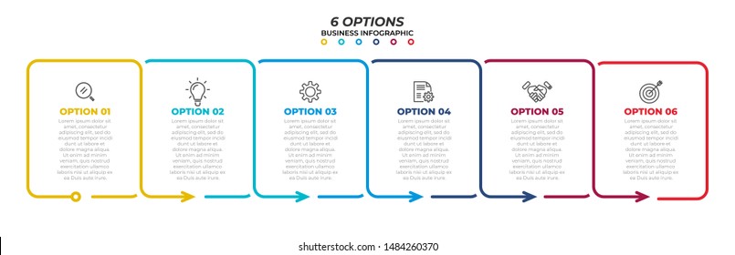 Thin line flat infographic design template with marketing icons and 6 options, steps. Vector timeline elements. Can be used for process diagram, presentations, workflow layout, flow chart, info graph.