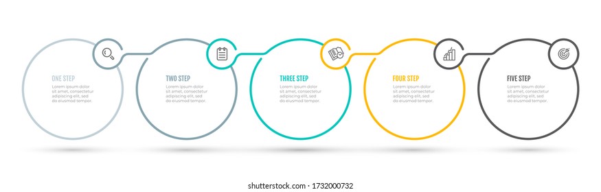 Thin line flat infographic design elements with marketing icons. Business concept with 5 options or steps.