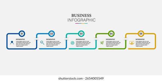 Elementos de diseño de infografía plana de línea delgada y opciones de números. Línea de tiempo con 5 pasos o proceso. Plantilla de negocios de Vector para presentaciones.