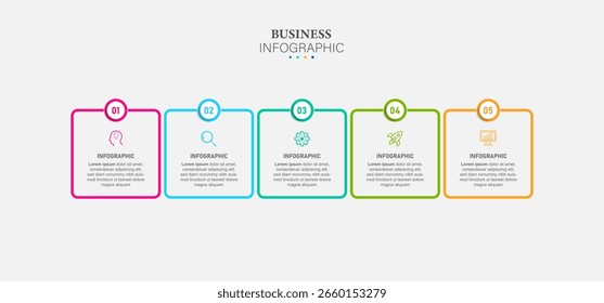 Elementos de diseño de infografía plana de línea delgada y opciones de números. Línea de tiempo con 5 pasos o proceso. Plantilla de negocios de Vector para presentaciones.