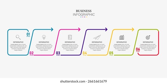 Elementos de diseño de infografía plana de línea delgada y opciones de números. Línea de tiempo con 6 pasos o proceso. Plantilla de negocios de Vector para presentaciones.
