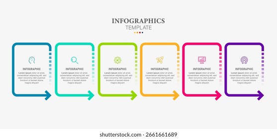 Elementos de design de infográfico plano de linha fina e opções de número.Linha do tempo com 6 etapas ou processo. Modelo de negócios de vetor para apresentações.