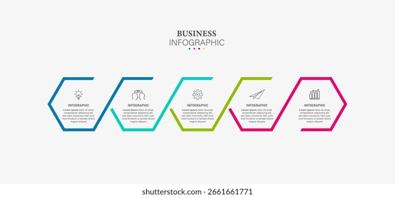Elementos de design de infográfico plano de linha fina e opções de número.Linha do tempo com 5 etapas ou processo. Modelo de negócios de vetor para apresentações.