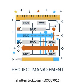 Thin line flat infographic icon concept of project management or workflow. Ruler with tasks dashboard