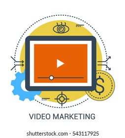 Thin line flat infographic icon concept of Video Marketing or Media Advertising. Colorful design.