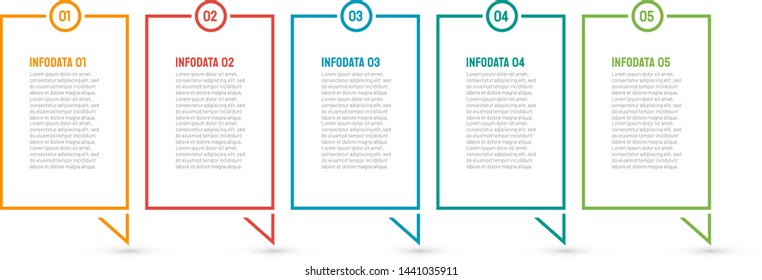 Thin line flat infographic label element for business process step with 5 options. Vector line design with square.