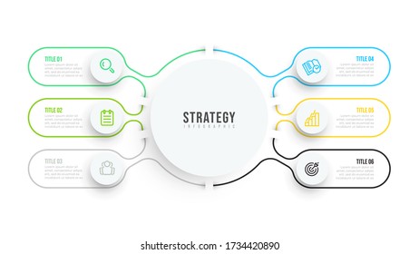 Thin line flat infographic template. Business data visualization design with icons and 6 options or steps. Can be used for workflow diagram, process chart, annual report.